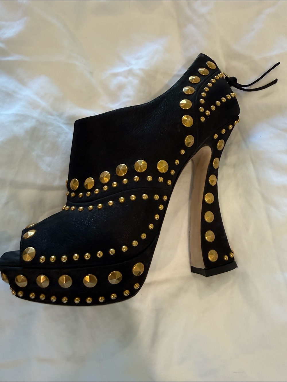 Miu Miu Black Platform Peep-Toe Heels with Gold Studs